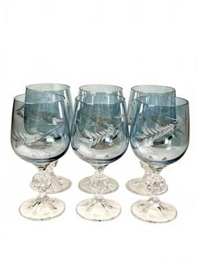 Set of 6 Vintage Blue Bohemian Wine Glasses Etched Fern Stem Ball Knop 6 in